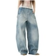 thumbnail image 1 of vigerkar Barrel Baggy Jeans for Women Wide Leg Low Rise Jeans Loose Oversized Boyfriend Pants Blue, 3XL, 1 of 9