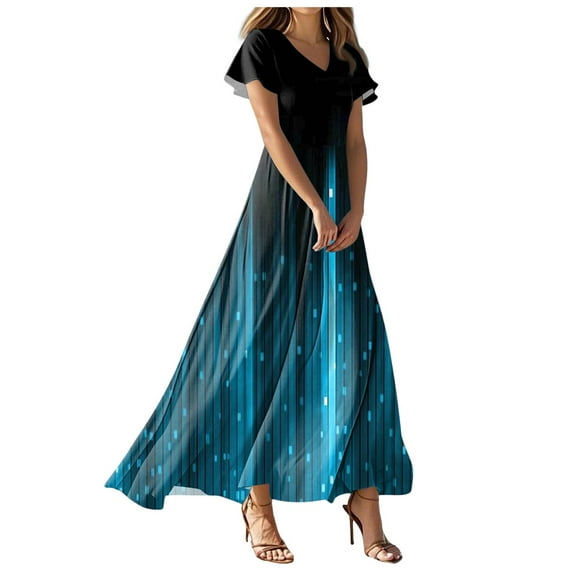vigerkar Beach Dresses for Women,2025 Summer Trendy Elegant Wrap V Neck Floral Boho Dress,Flowy Ruched Hawaiian Maxi Dress Blue, 3XL