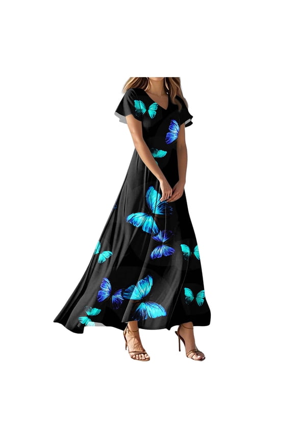 Beach Dresses for Women,2025 Summer Trendy Elegant Wrap V Neck Floral Boho Dress,Flowy Ruched Hawaiian Maxi Dress Dark Blue, XXL