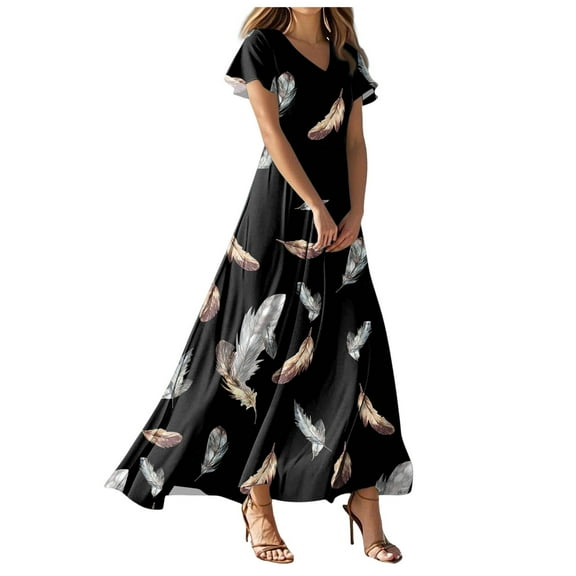 vigerkar Beach Dresses for Women,2025 Summer Trendy Elegant Wrap V Neck Floral Boho Dress,Flowy Ruched Hawaiian Maxi Dress Gold, 3XL