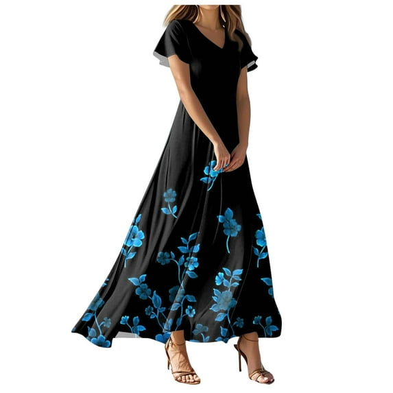 vigerkar Beach Dresses for Women,2025 Summer Trendy Elegant Wrap V Neck Floral Boho Dress,Flowy Ruched Hawaiian Maxi Dress Light Blue, L