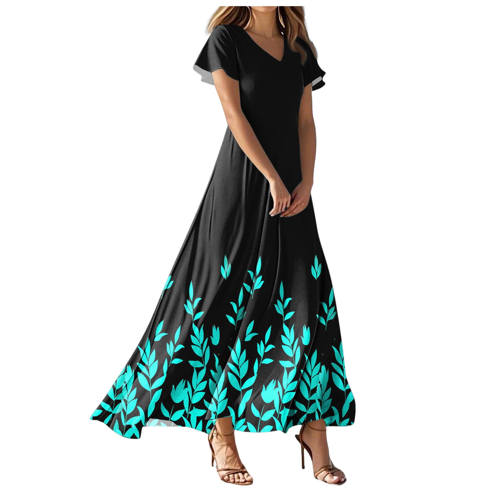 leopard asymmetric hem long sleeve plunge satin maxi dress Saphrona V-neck Maxi Dress | Leopard | Womens