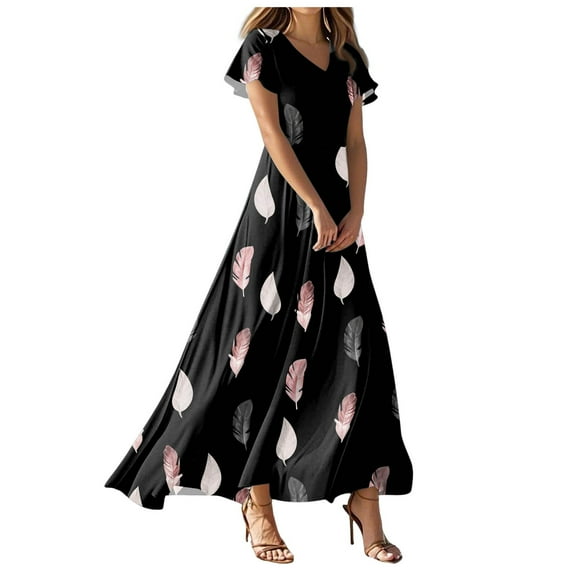 vigerkar Beach Dresses for Women,2025 Summer Trendy Elegant Wrap V Neck Floral Boho Dress,Flowy Ruched Hawaiian Maxi Dress Rose Gold, XL