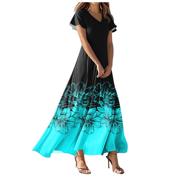 vigerkar Beach Dresses for Women,2025 Summer Trendy Elegant Wrap V Neck Floral Boho Dress,Flowy Ruched Hawaiian Maxi Dress Sky Blue, M