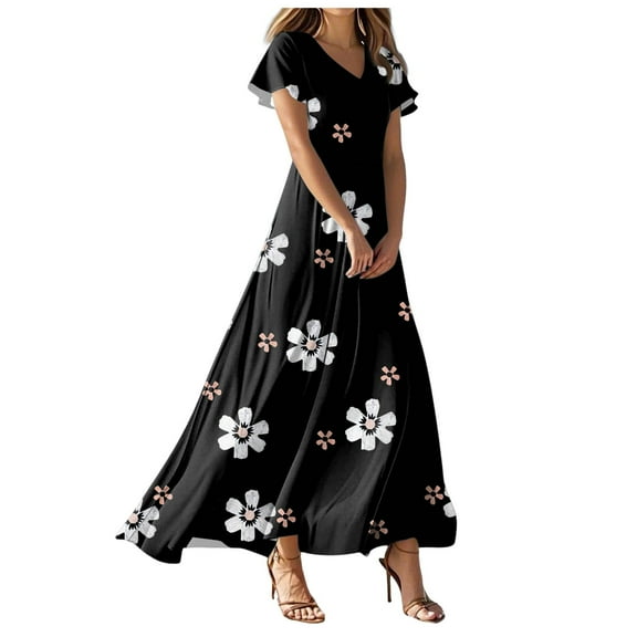 vigerkar Beach Dresses for Women,2025 Summer Trendy Elegant Wrap V Neck Floral Boho Dress,Flowy Ruched Hawaiian Maxi Dress White, XL