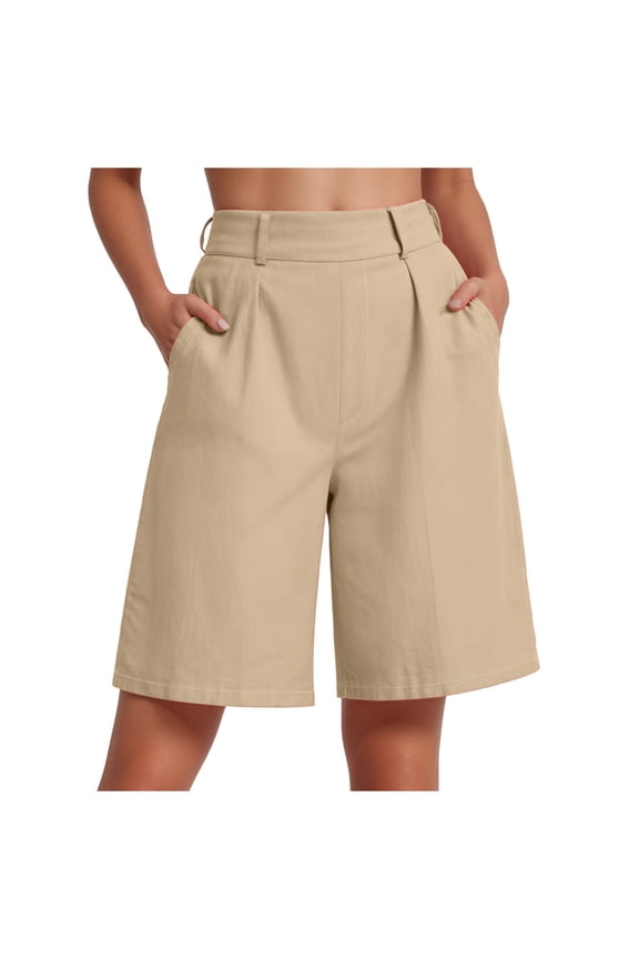 Bermuda Shorts for Women High Waisted Linen Dressy Casual Pleated Wide Leg Summer Shorts with Elastic Waist Khaki, L