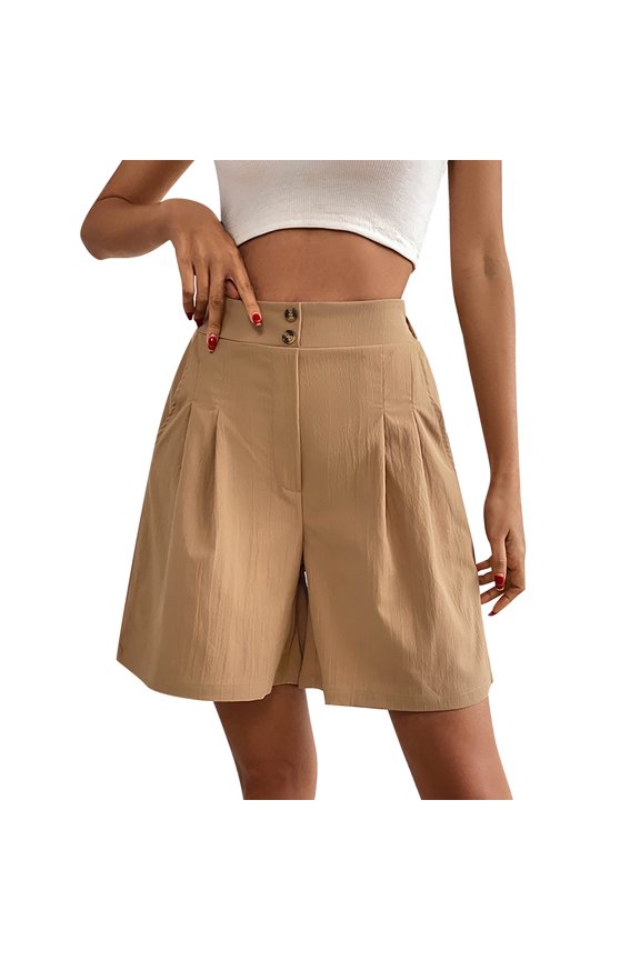 Bermuda Shorts for Women Knee Length Casual Summer 2025 Trendy Elastic Wide Leg Short with Pockets Khaki, L