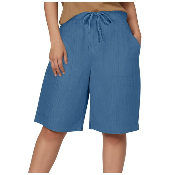 vigerkar Bermuda Shorts for Women Knee Length Elastic Waist Drawstring Loose Wide Leg Shorts Summer Casual Beach Clothes 2025 Blue, M