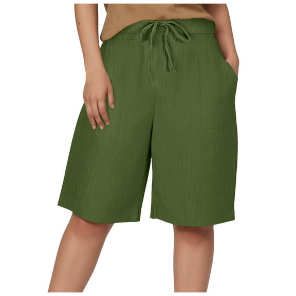 vigerkar Bermuda Shorts for Women Knee Length Elastic Waist Drawstring Loose Wide Leg Shorts Summer Casual Beach Clothes 2025 Green, L