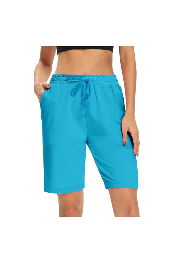 Bermuda Shorts for Women Long Cotton Loose with Pockets Knee Length for Yoga Casual Walking Exercise Shorts Blue, M