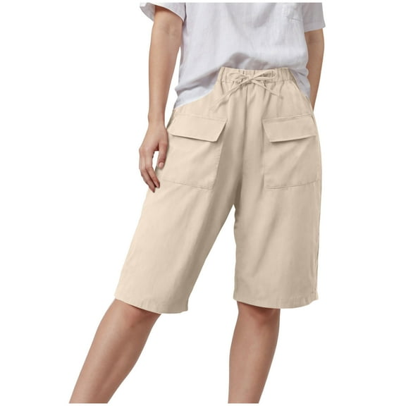 vigerkar Bermuda Shorts for Women Summer Casual Loose High Waisted Drawstring Beach Knee Length Pants with Flap Pockets Beige, S