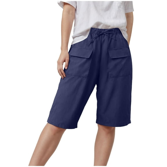 vigerkar Bermuda Shorts for Women Summer Casual Loose High Waisted Drawstring Beach Knee Length Pants with Flap Pockets Navy, 3XL