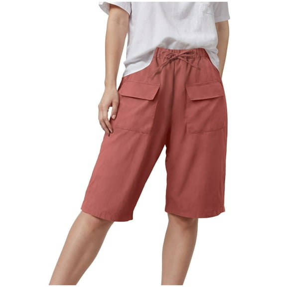 vigerkar Bermuda Shorts for Women Summer Casual Loose High Waisted Drawstring Beach Knee Length Pants with Flap Pockets Red, 3XL