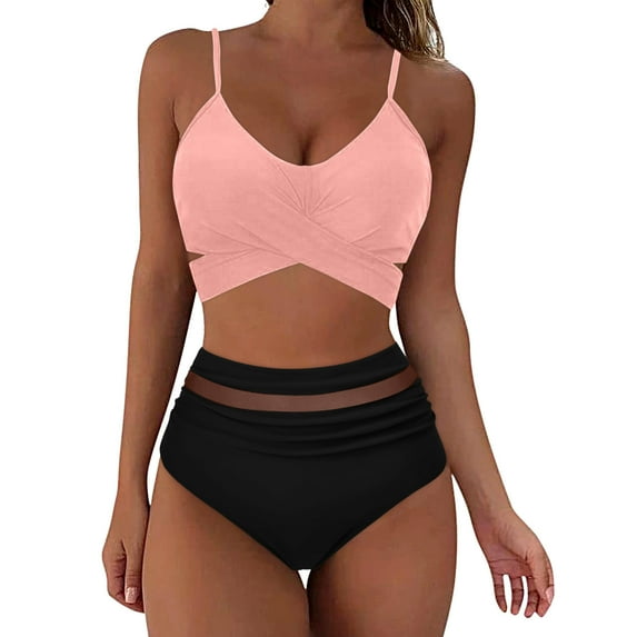 vigerkar Bikini Set for Women Two Piece Swimsuit Crew Neck Top Spaghetti Straps Cross Back Lace up Mid Rise Pink, S