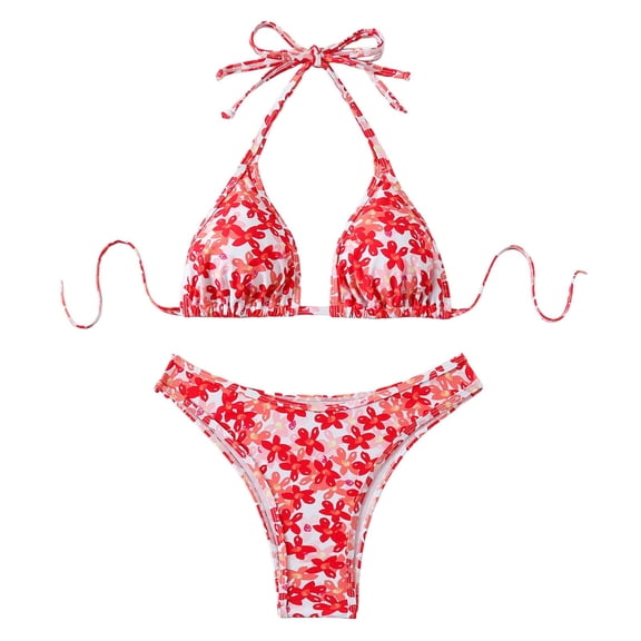 vigerkar Bikini Sets for Women Halter Floral Print Swimsuit Tie Side 2 Pieces Bathing Suit (Red, S)