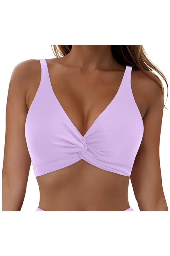 Bikini Tops for Women Push Up Swimsuit Top Lace Up Padded Bathing Suit Tops Twist Bikini Top Only Light Purple, L