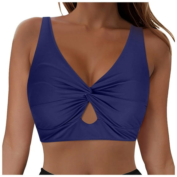 vigerkar Bikini Tops for Women Tankini Tops Beach Padded Knot Twist Cut Out Adjustable Swimwear Top Only Dark Blue, XXL