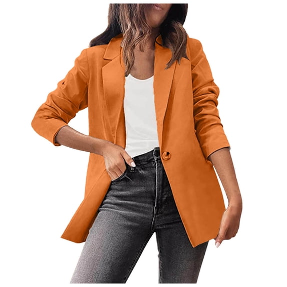 vigerkar Blazers for Women 2025 Open Front Long Sleeve Work Office Jackets Solid Long Blazer Suit Button Lightweight Top Orange, 3XL