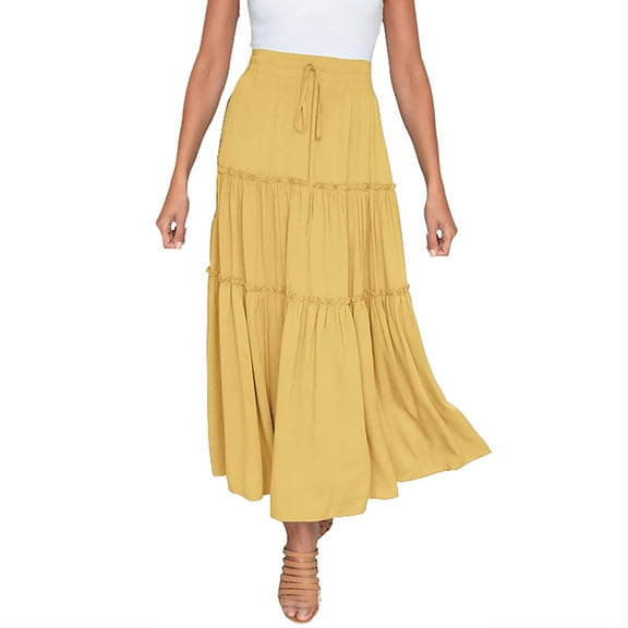 vigerkar Boho Skirt Women Elastic High Waist Midi Skirt Flowy A Line Long Skirts Ruffle Beach Maxi Pleated Skirts Yellow, XL