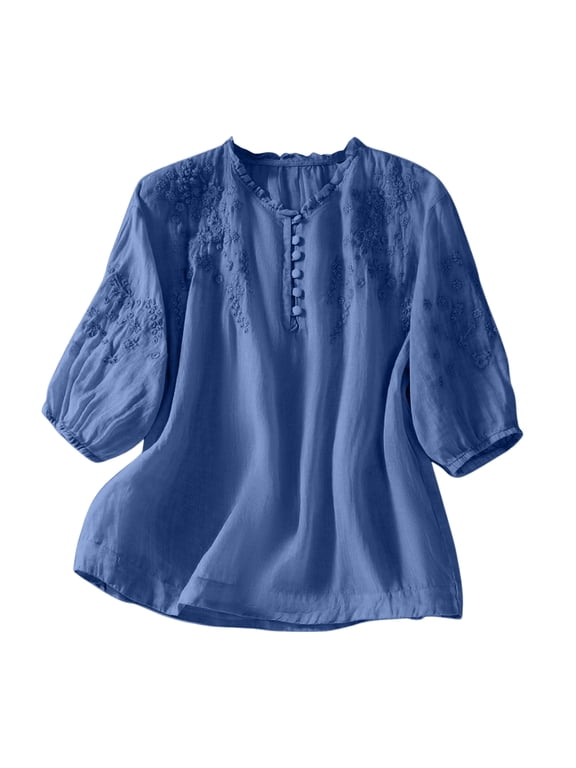 Boho Tops for Women 2026 Cotton Linen Top Peasant Blouses Retro Plus Size 3/4 Sleeve V Neck Embroidered Shirt (Blue, XXL)