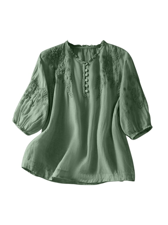 Boho Tops for Women 2026 Cotton Linen Top Peasant Blouses Retro Plus Size 3/4 Sleeve V Neck Embroidered Shirt (Green, XXL)
