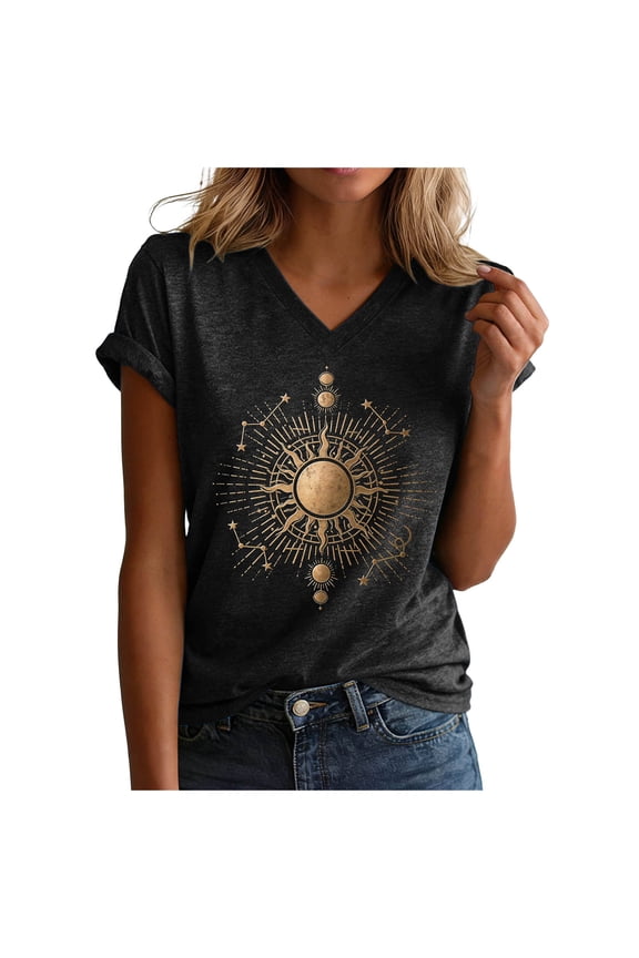 Boho Tops for Women Mystic Moon and Sun T-Shirt Celestial Tees Astrology Shirt (Black, XL)