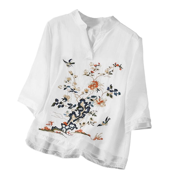 vigerkar Boho Tunic Tops for Women Long Sleeve V Neck Vintage Floral Print Blouses Dressy Casual Loose Fit Ladies Summer Tops (White, 3XL)