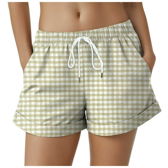 vigerkar Boxer Shorts for Women Summer Elastic Waist Vacation Beach Plaid Lounge Shorts Beige, S