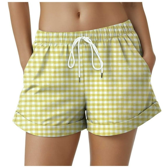 vigerkar Boxer Shorts for Women Summer Elastic Waist Vacation Beach Plaid Lounge Shorts Yellow, S