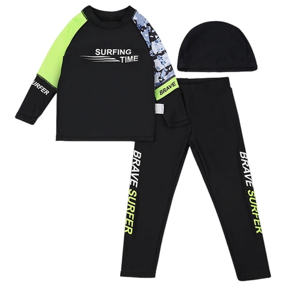 vigerkar Boys 3 Piece Rash Guard Swimsuits Kids Long Sleeve Swimwear Long Pants Surf Bathing Suit Set with Cap (Black, 3-4 Years)