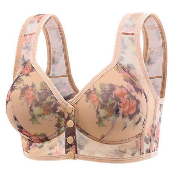 vigerkar Bras for Women Floral Front Closure Bra Comfort Push up Ice Silk Underwire Khaki, L