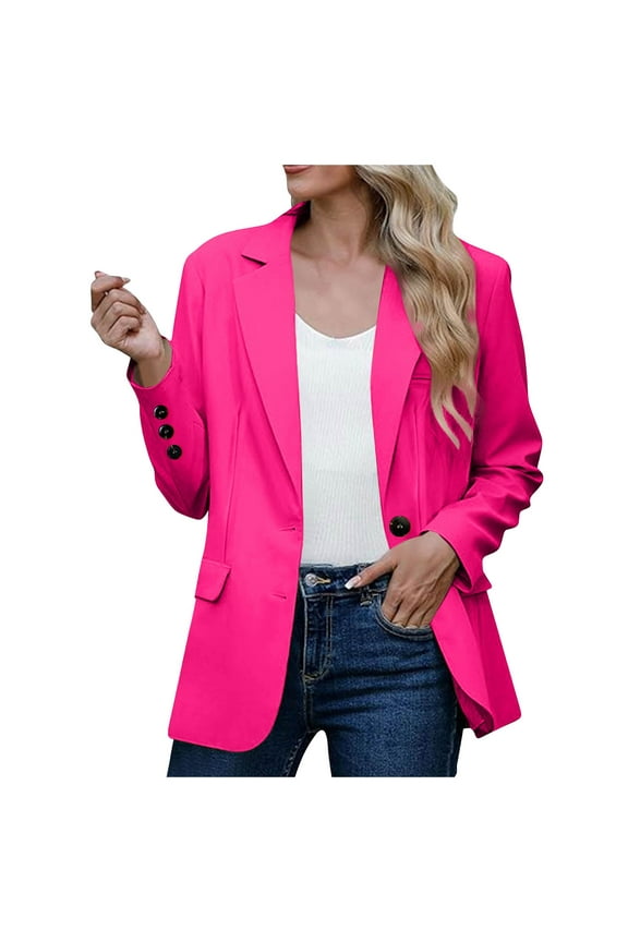 Business Casual Blazer for Women Suit Jackets Dressy Long Sleeve Open Front Work Office Button Blazer Jacket Hot Pink, M