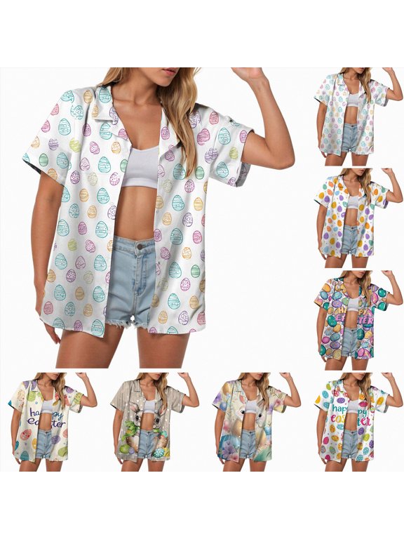 Button Down Shirts for Women Easter Eggs Flowers Leaves Shirt Short Sleeve Hawaiian Casual Blouse Tops (Beige, L)
