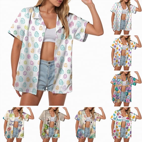 vigerkar Button Down Shirts for Women Easter Eggs Flowers Leaves Shirt Short Sleeve Hawaiian Casual Blouse Tops (Yellow, 4XL)