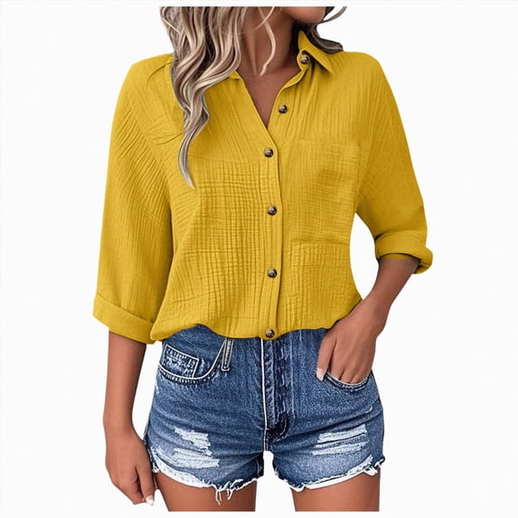 vigerkar Button Down Shirts for Women Long Sleeve Shirt Textured Collared Work Blouse Dressy Casual Tops with Pocket (Yellow, S)