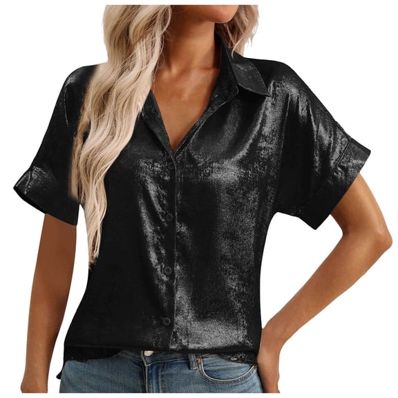 vigerkar Button Down Shirts for Women Short Sleeve V Neck Summer Tunic Tops Casual Work Satin Blouses (Black, XXL)