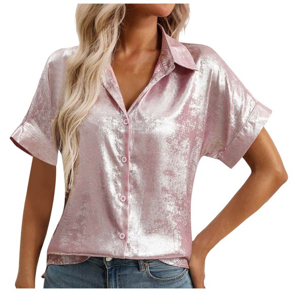 vigerkar Button Down Shirts for Women Short Sleeve V Neck Summer Tunic Tops Casual Work Satin Blouses (Light Pink, M)