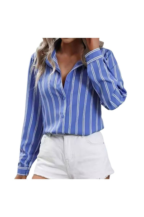 Button Down Shirts for Women Striped Long Sleeve Dress Shirts Collared Office Work Blouses Button Up Tops BU1, L