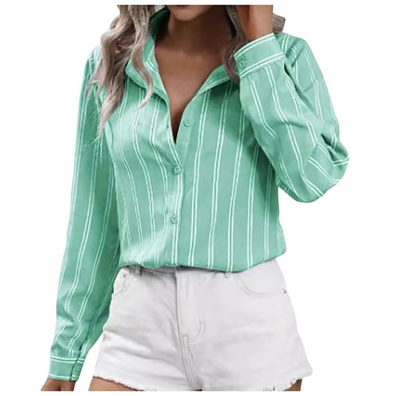 vigerkar Button Down Shirts for Women Striped Long Sleeve Dress Shirts Collared Office Work Blouses Button Up Tops Green, XL