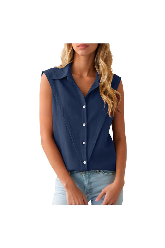 Button Down Sleeveless Shirts Women Collared Tank Tops Size Work Blouses Casual Summer Tshirt (Navy, XL)