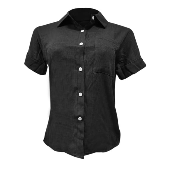 vigerkar Button Up Shirt Women's Casual Work Short Sleeve Summer Collared Blouse (Black, M)