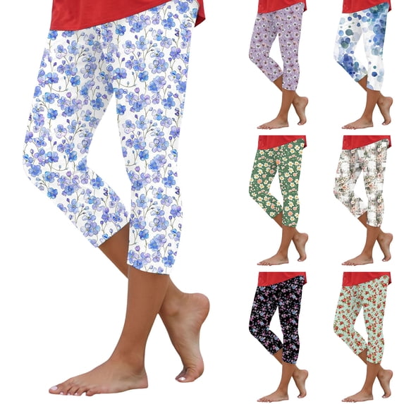 vigerkar Capri Leggings for Women Cropped Pant Fashion Flower Print Capris Summer Elastic Waist Soft Stretchy Pants (Green, XXL)