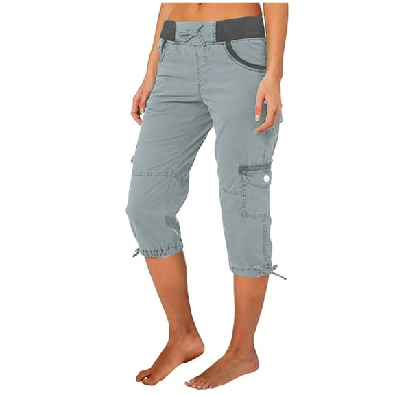 vigerkar Capri Pants for Women Cargo Capris 2025 Summer Casual Drawstring Cargo Joggers Womens Hiking Pants with Pockets Grey, M