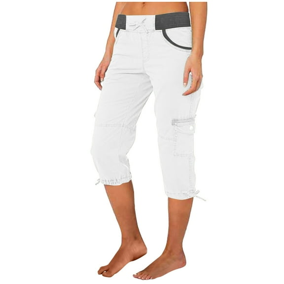 vigerkar Capri Pants for Women Cargo Capris 2025 Summer Casual Drawstring Cargo Joggers Womens Hiking Pants with Pockets White, M