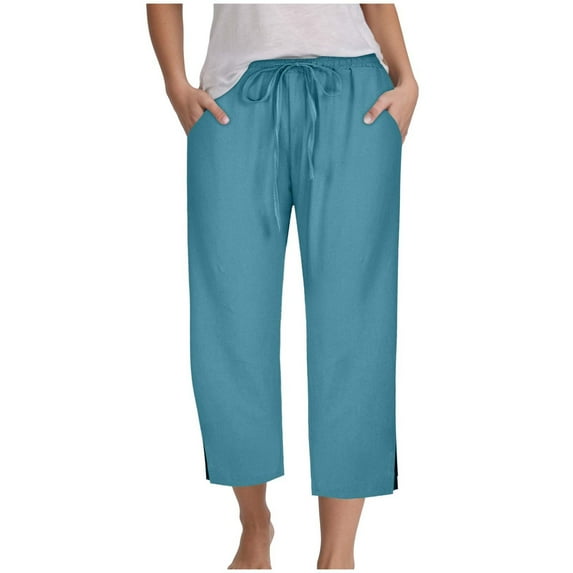 vigerkar Capri Pants for Women Casual 2025 Summer Drawstring Elastic High Waist Linen Pants Wide Leg Plus Size Capris Blue, XL