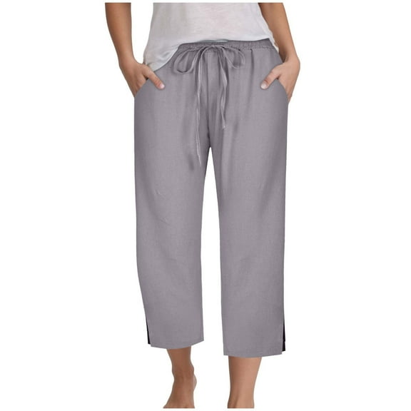 vigerkar Capri Pants for Women Casual 2025 Summer Drawstring Elastic High Waist Linen Pants Wide Leg Plus Size Capris Grey, XL