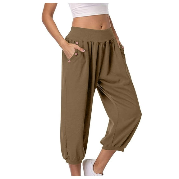 vigerkar Capri Pants for Women Casual Capris Summer Loose High Waist Wide Leg Yoga Pant with Pocket Lounge Wear (Khaki, M)