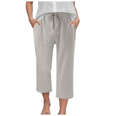 vigerkar Capri Pants for Women Casual Summer Cotton Linen Capris Drawstring Elastic High Waist Pants Wide Leg Cropped pant Grey, M