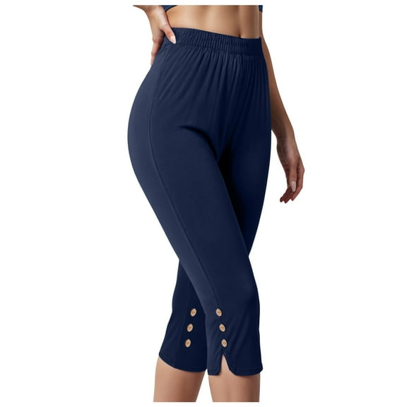 vigerkar Capri Pants for Women Casual Summer Wide Leg Crop Pants Loose Comfy Elastic Waist Yoga Joggers with Pockets Navy, XL