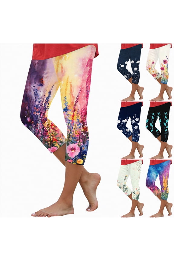 Capri Pants for Women Vintage Boho Floral Printed Yoga Leggings Casual Summer High Waisted Knee Length Pants (Dark Blue, XL)